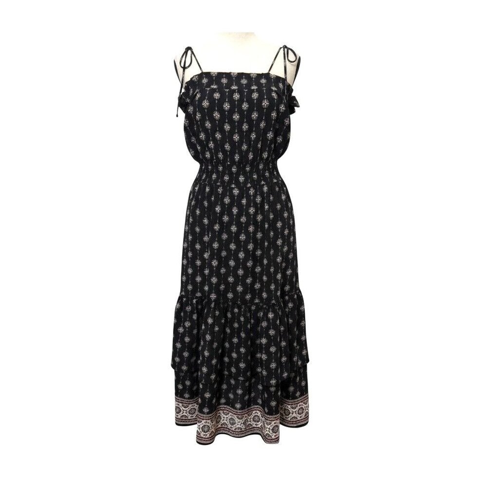 Misa Azalea Black Boho Floral Midi‎ Dress W/ Self-Tie Straps Smocked Waist Sz M - Picture 2 of 10